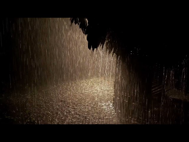 Heavy Rain & Thunder Pours Down On The Leaf House In The Rainforest At Night