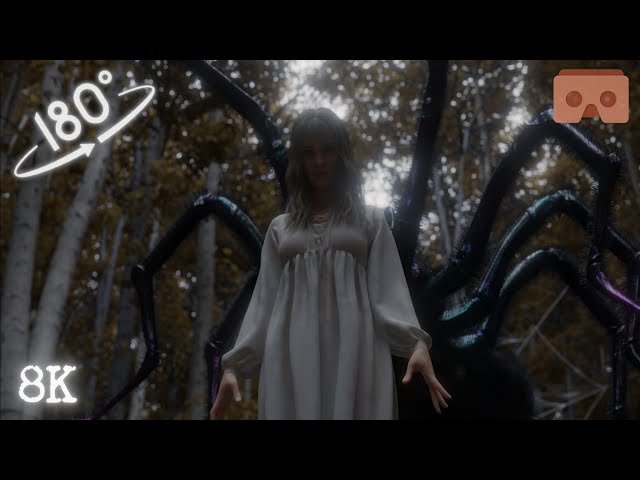 Scary VR Nightmare: a giant spider and a ghost girl lost in the woods: 8k virtual reality 3D video