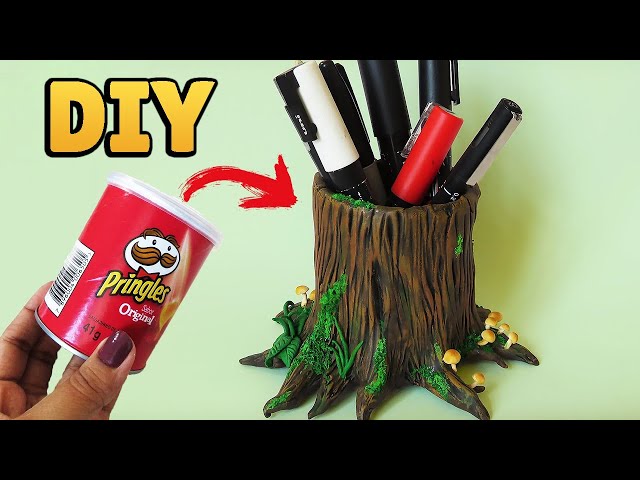 DIY: How to Make TREE TRUNK PENCIL HOLDER (Recycling Pringles Can)