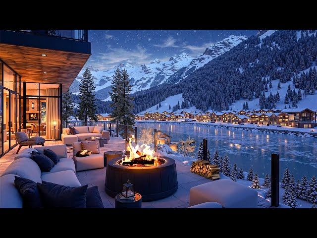 Relaxing Winter Night Terrace~ Warm Firelight , Smooth Jazz & a Peaceful Retreat in Snowy Serenity❄️