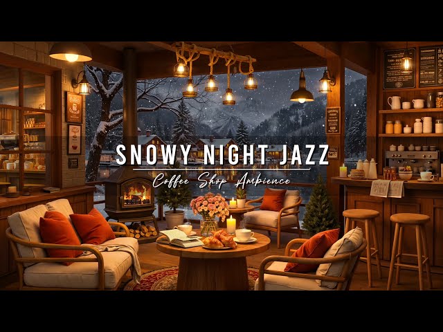 Snowy Night at Cozy Winter Cafe Ambience ⛄ Smooth Jazz Background Music for Studying, Work, Relax