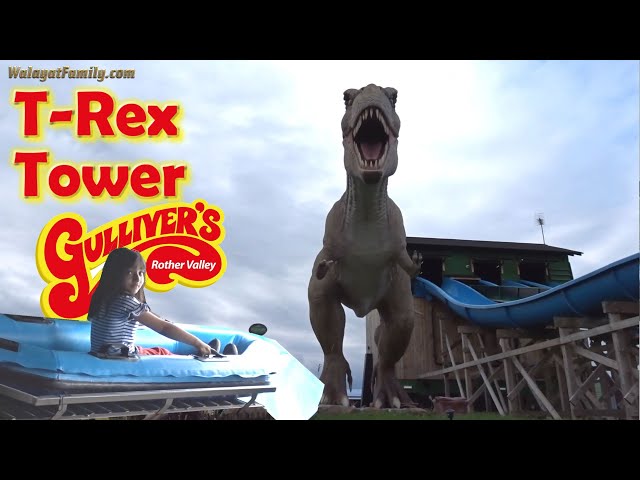 T-Rex Tower Water Slide Ride Fun at Gulliver's Rother Valley Dinosaur Lost Worlds UK Theme Park 2021