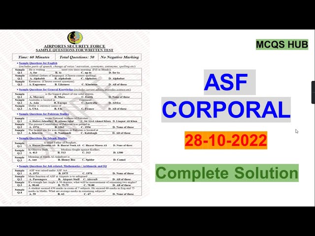 ASF Corporal solved Paper held on 28 10 2022 | ASF Corporal solved paper | MCQS HUB