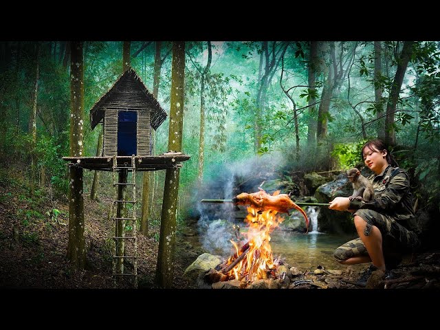 3 Days Solo Bushcraft - Build a Safe Shelter in the Tree/ Hunt, Trap and Cook