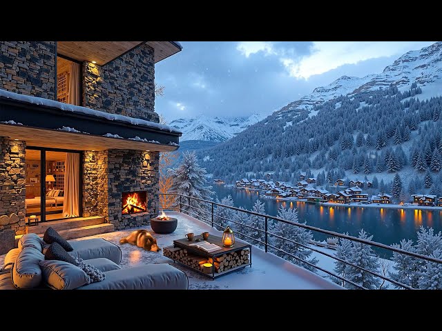 Serene Snowy Terrace Escape with Warm Fireplace, Cozy Coffee Ambience & Relaxing Smooth Piano Jazz❄️