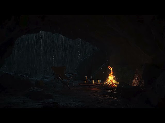 Sleep Fast in 5 Minutes with Rain on Cave, Campfire & Night Sounds Ambience for Sleep, Stress-Free😴