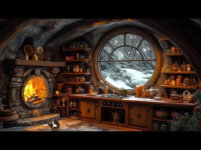 LIVE 24/7 🔴 Snowy Medieval Kitchen ❄️ | Warm Fireplace and a Cute Cat by the Hearth🔥