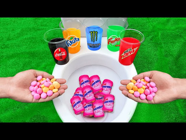 Experiment , Fruity Mentos VS Coca Cola Light, Monster, Fanta, Mtn Dew, Fruko in the toilet !