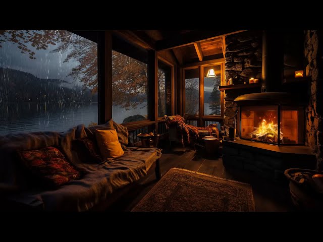 Rain in Cozy Cabin with Warm Fireplace and Gentle Rain on Lakeside to Relaxation, Study and Sleeping