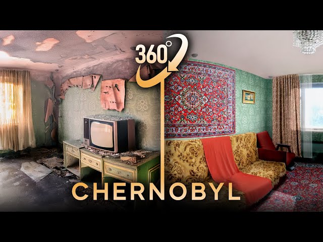 Chernobyl before and after the disaster in 360° video VR. Pripyat recovery animation