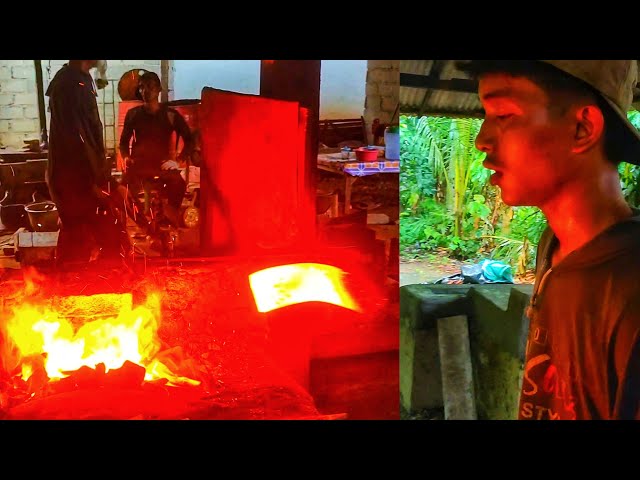 ASMR sounds of hammer blows and fire at a traditional blacksmith in the interior of Indonesia