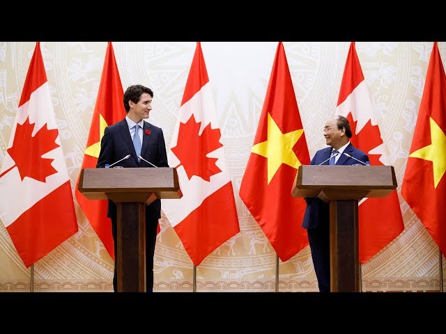 Prime Minister Trudeau delivers remarks during his official visit to Vietnam