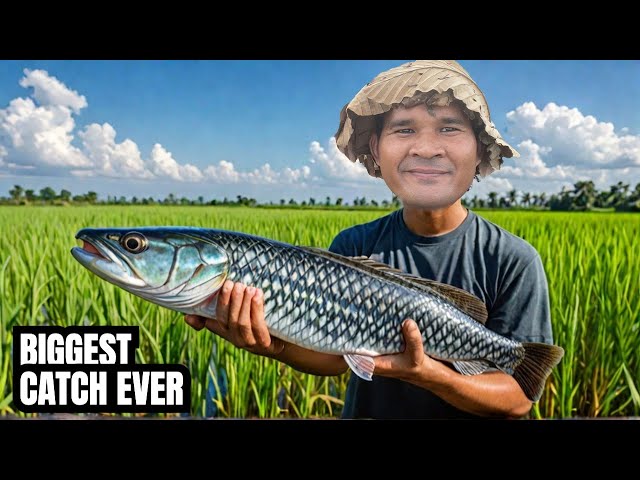 New Primitive Technology; How I Catch Biggest Fishes to easily in Rice Fields? [My whole day]