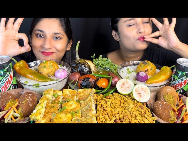 Eating😋Challenge Pakhala(Panta)Bhat with Aloo Bharta, Omelette,Egg 🥚Devil, Namkeen, Brinjal Bharta😋