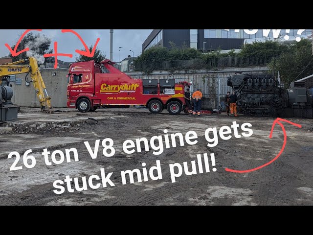 26 ton V8 engine salvage-the winching begins! the big scania wrecker maxed out!