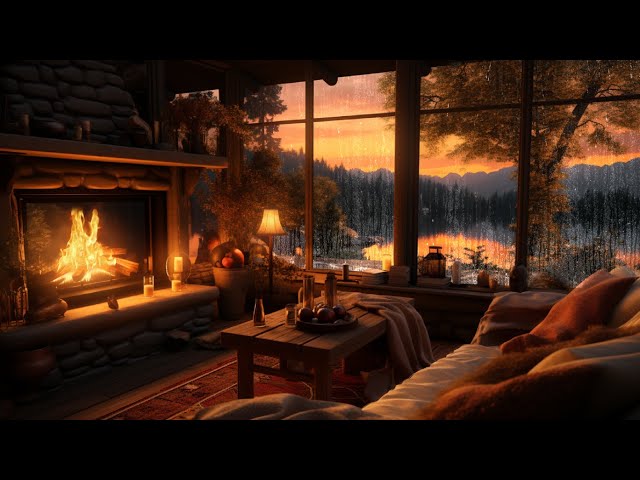 No Mid Ads) Romantic Autumn Rain and Crackling Fire🔥| Rainy Ambience For Sleep, Study, Relaxing