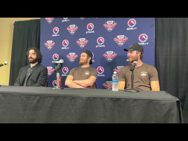 Hunter Shepard, Ethen Frank, and Riley Sutter speak after Game 3 of the 2023 Calder Cup Finals