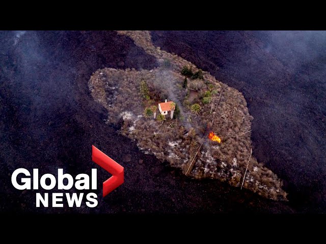 La Palma volcano: Drone footage shows "miracle house" spared by lava