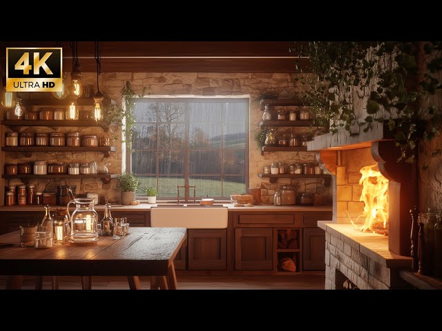 Live Cozy Rustic Kitchen Ambience 🌧️🔥 | Fireplace Glow & Candlelight with Calming Rain Sounds