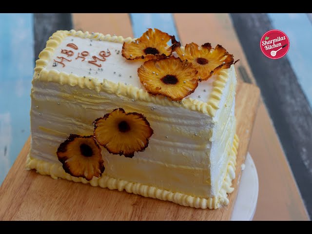 Pineapple Cake Recipe - Whipped Cream Frosting - How To Make Pineapple Flower - Sharmilazkitchen