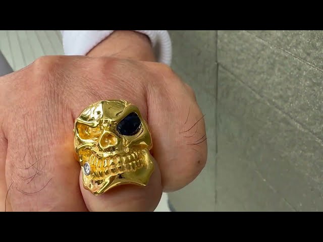 Blue Sapphire 14K Yellow Gold Mens Skull Ring