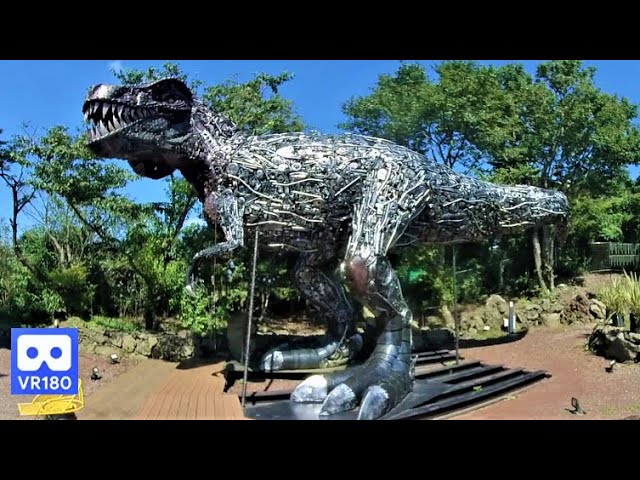 3D 180VR 4K Dangerous Tyrannosaurus Rex It made by parts of an automobile ; Jurassic World T-Rex