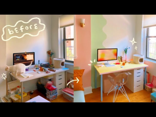 Pastel Dream Office Makeover • Easy wall mural, IKEA table flip & Declutter 🌟