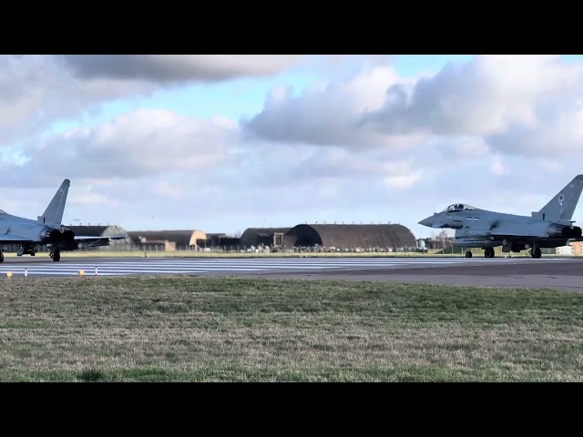 Two RAF typhoons taxi & take off together. RAF Coningsby Top Gun. Listen to them 👌