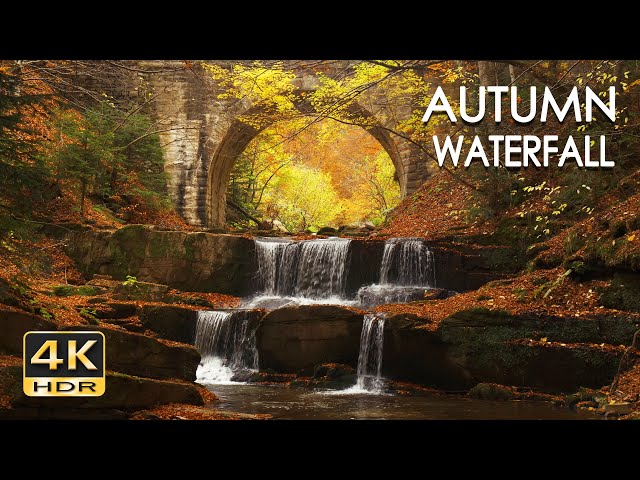 4K HDR Autumn Waterfall - Stream Sounds - Flowing Water - Forest River - White Noise - Sleep/ Relax