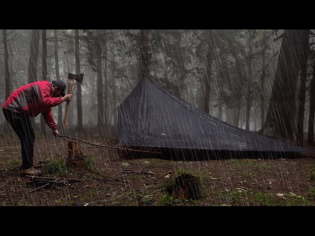 SOLO CAMPING IN RAIN [ Relaxing in the Tent shelter,  RAIN ASMR ]