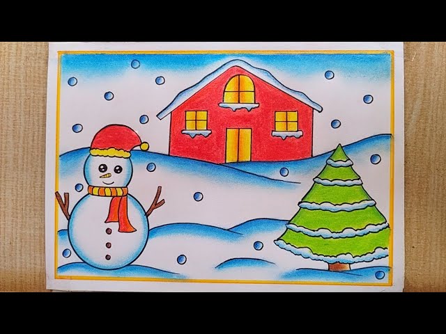 Winter season Snowman drawing easy| Winter season drawing| Winter Season Snowfall Scenery drawing