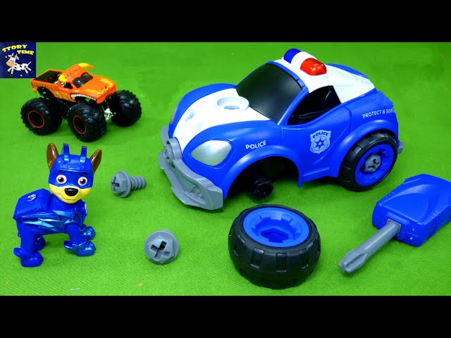 Paw Patrol Toy Stories for Kids Monster Jam Trucks Help Chase with Broken Police Cruiser RC Car Toys