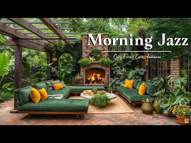 🌸 Spring Morning Cafe Space in the Forest ☕ Soft Jazz & Fireplace Sounds for Calm Start to Your Day