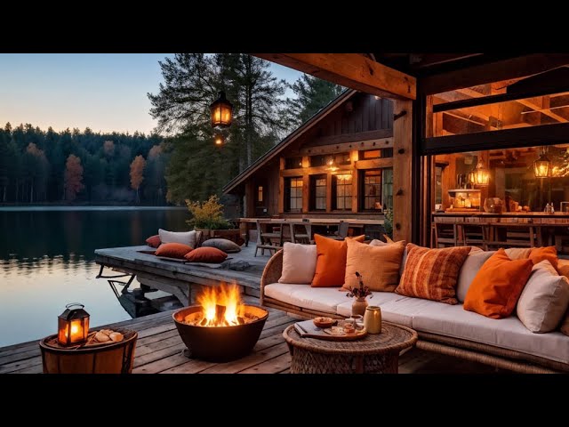 Relaxing Jazz Music For Stress Relief 🎶Warm Autumn Cafe By The Lake With Crackling Fire Sound🍁