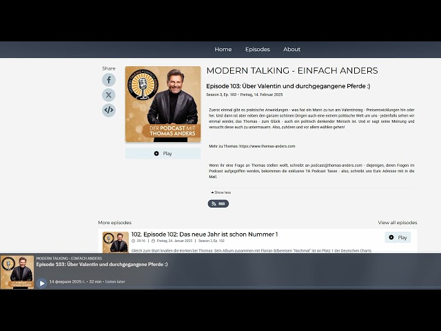 Episode 103 of Thomas Anders' Podcast with subtitles - 14 February 2025