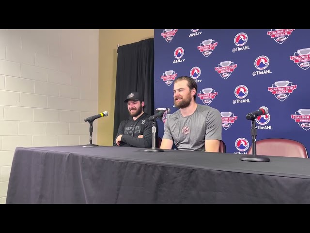 Garrett Pilon and Dylan McIlrath speak after Hershey's 1-0 OT victory in Game 5 of Calder Cup Finals