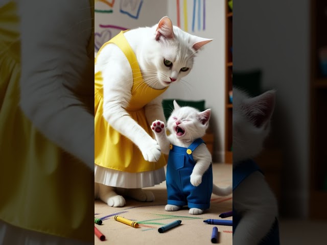 The kitten drew a picture of its house on the wall, and its mother hit the cat😿