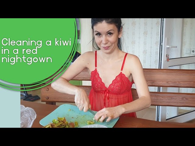 beautiful girl cleaning kiwi in red nightgown || nightgown try on haul