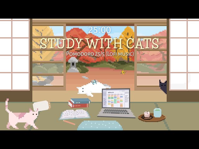 Study with Cats 🍁 Pomodoro Timer 25/5 x Animation | Lofi | Autumn Study Sessions in Garden View Room