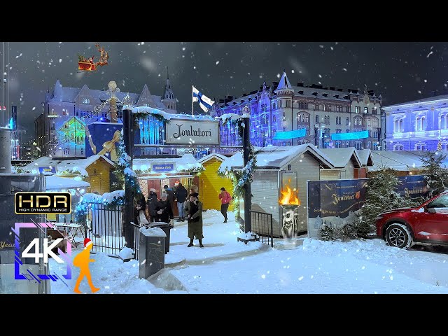 Tampere Christmas Market 2022 🎄 Walking in Snow, Finland, 4K HDR Binaural Sound