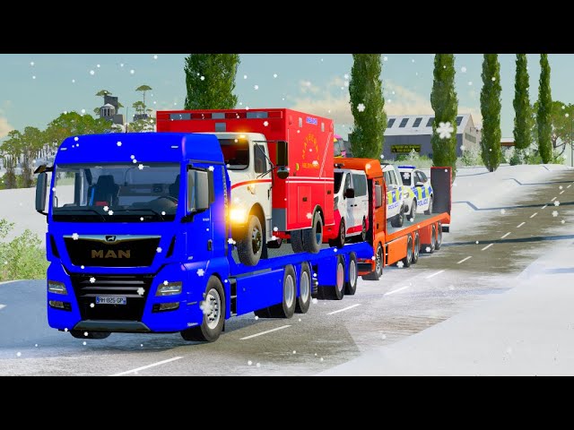 Transporting Double Flatbed Trailer Truck vs Mixer Trucks vs Cars vs Train - Beamng.Drive #023 FS22