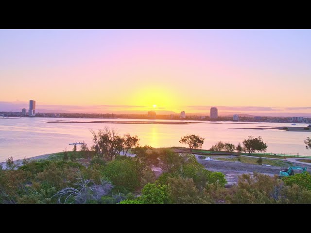 Sunset over the Broadwater, flying toward Labrador foreshore - Gold Coast Queensland Australia