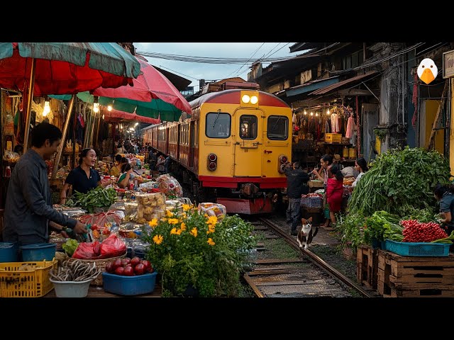 Maeklong Railway, Thailand🇹🇭 The Most Dangerous Train Market in Thailand (4K HDR)