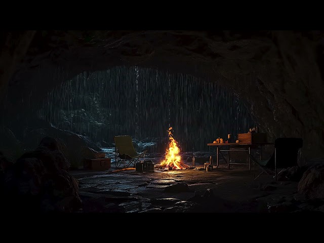 Escape The Heavy Storm: Fireplace Sounds In Cave for 3 Hours | ASMR Rain for Sleep and Focus