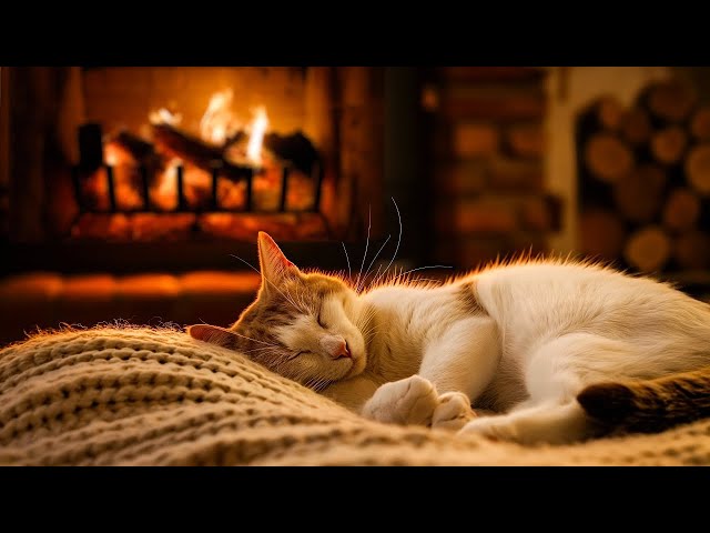 🐈🔥Relax with Purring Cat and Crackling Fireplace - ASMR Relaxing for Deep Sleep, Heal Insomnia