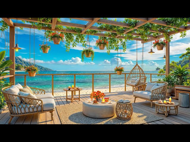 Beach Cafe Ambience with Positive Bossa Nova Instrumental Music & Ocean Waves for Energy the day