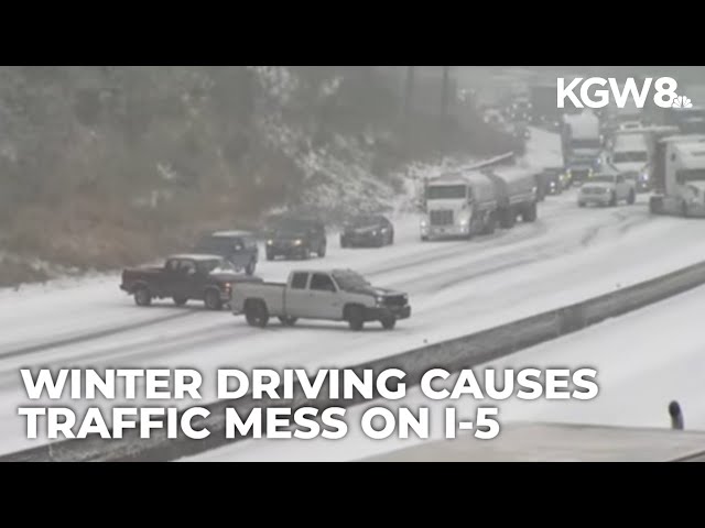 Severe traffic jam on I-5 due to slippery driving conditions in Clark County