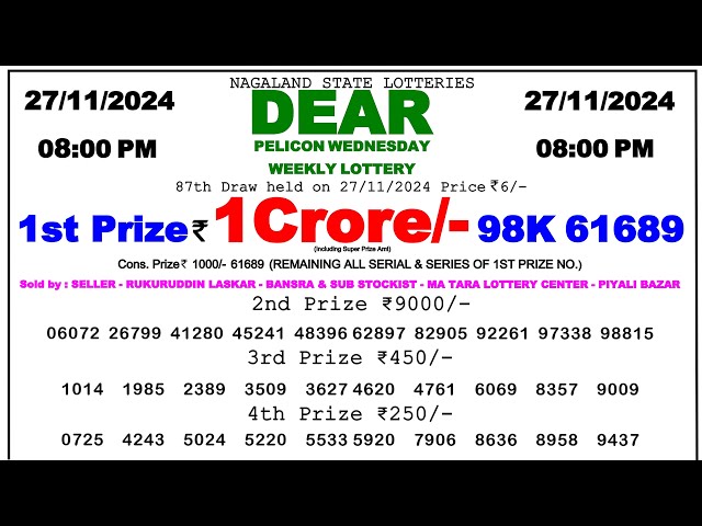 DEAR Lottery Sambad Night 08:00pm 27/11/24  Result Today