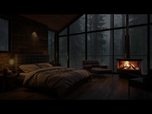 Cabin in the Woods with Warm Fireplace | Tropical Rain and Natural Sounds for Relaxation