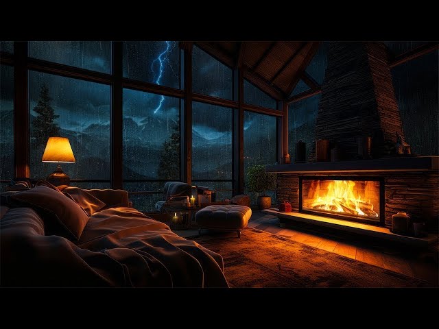 Rainy Night on the Mountain with Crackling Fireplace for Sleeping, Relax, Study, Meditate